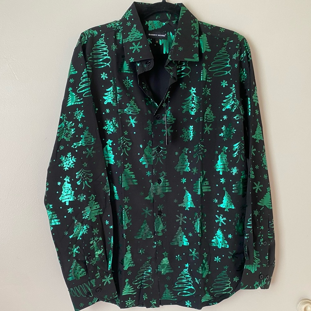 Barry Wang Men's Long Sleeve Black and Green Festive Dress Shirt. Medium. NWT